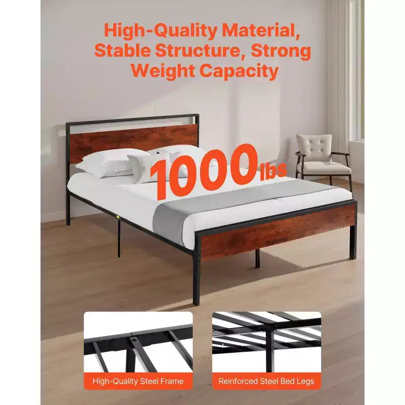 Queen Size Black Metal Platform Bed Frame with Retro Brown Wooden Headboard and Footboard, Large Under-Bed Storage