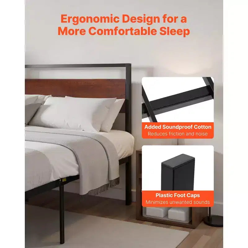 Queen Size Black Metal Platform Bed Frame with Retro Brown Wooden Headboard and Footboard, Large Under-Bed Storage