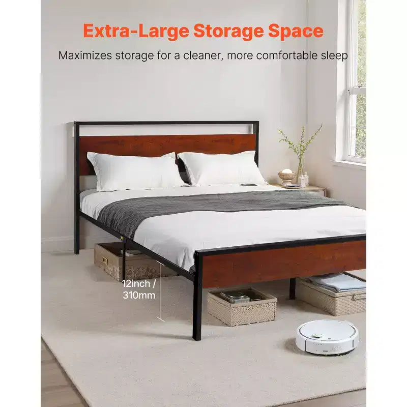 Queen Size Black Metal Platform Bed Frame with Retro Brown Wooden Headboard and Footboard, Large Under-Bed Storage