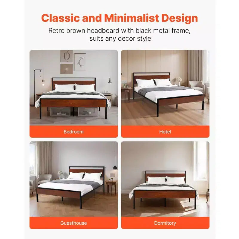 Queen Size Black Metal Platform Bed Frame with Retro Brown Wooden Headboard and Footboard, Large Under-Bed Storage