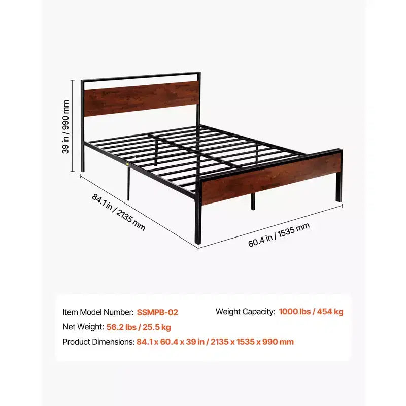 Queen Size Black Metal Platform Bed Frame with Retro Brown Wooden Headboard and Footboard, Large Under-Bed Storage
