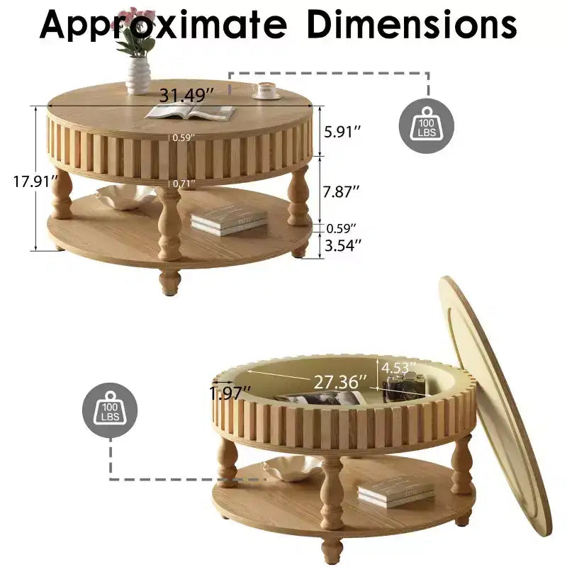 Mid Century Modern Fluted Coffee Table with Storage, Natural Wood Finish, Flip-Top Lid and Solid Wood Legs