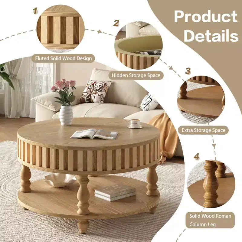 Mid Century Modern Fluted Coffee Table with Storage, Natural Wood Finish, Flip-Top Lid and Solid Wood Legs