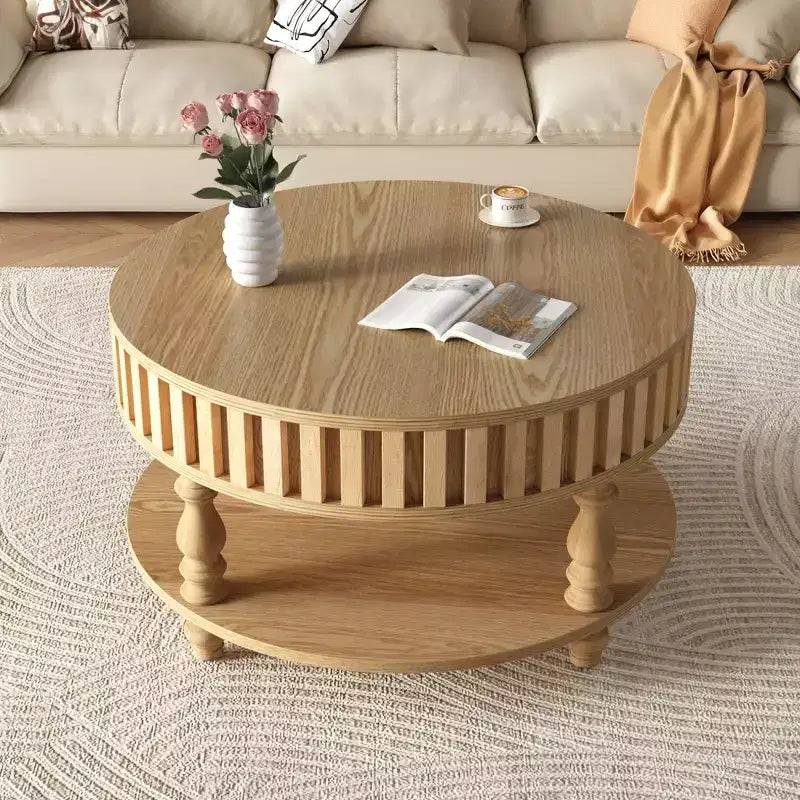 Mid Century Modern Fluted Coffee Table with Storage, Natural Wood Finish, Flip-Top Lid and Solid Wood Legs