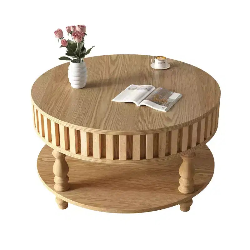 Mid Century Modern Fluted Coffee Table with Storage, Natural Wood Finish, Flip-Top Lid and Solid Wood Legs
