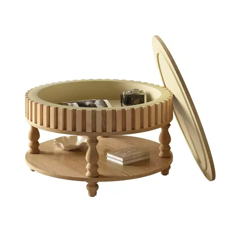 Mid Century Modern Fluted Coffee Table with Storage, Natural Wood Finish, Flip-Top Lid and Solid Wood Legs