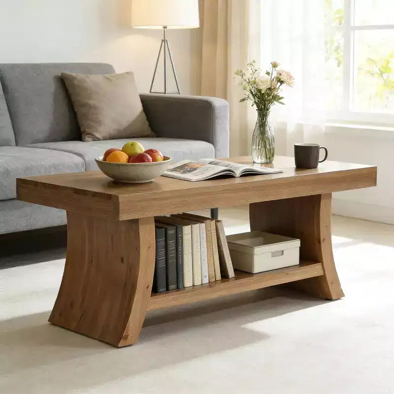 47.2-Inch Farmhouse Coffee Table with Storage Shelf, Mid Century Modern Solid Wood, Curved Base, Walnut