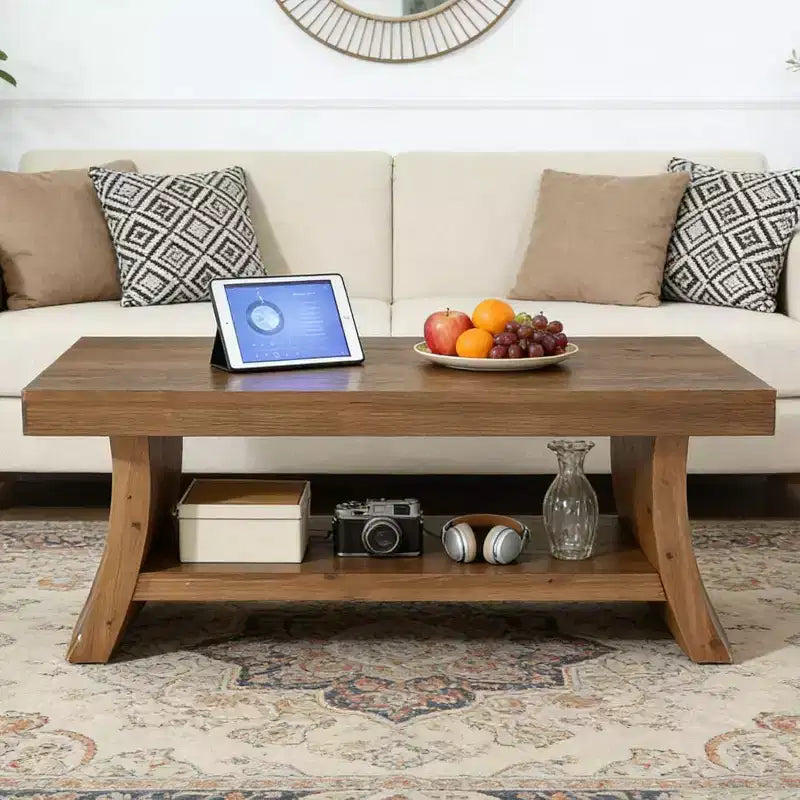 47.2-Inch Farmhouse Coffee Table with Storage Shelf, Mid Century Modern Solid Wood, Curved Base, Walnut