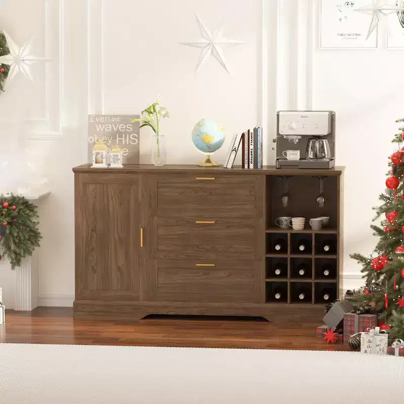 63" Sideboard Buffet Cabinet with 3 Drawers & Wine Rack, Coffee Bar Cabinet, Accent Credenza for Living Room