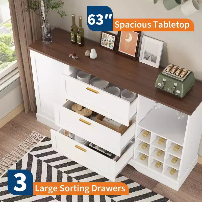 63" Sideboard Buffet Cabinet with 3 Drawers & Wine Rack, Coffee Bar Cabinet, Accent Credenza for Living Room