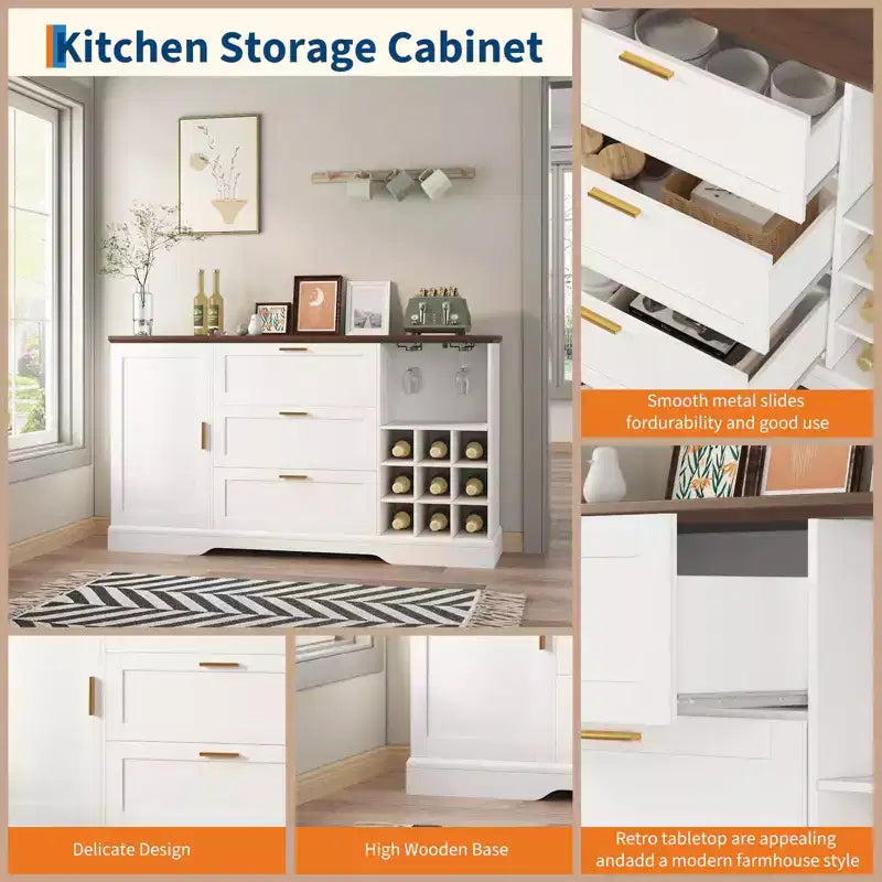 63" Sideboard Buffet Cabinet with 3 Drawers & Wine Rack, Coffee Bar Cabinet, Accent Credenza for Living Room