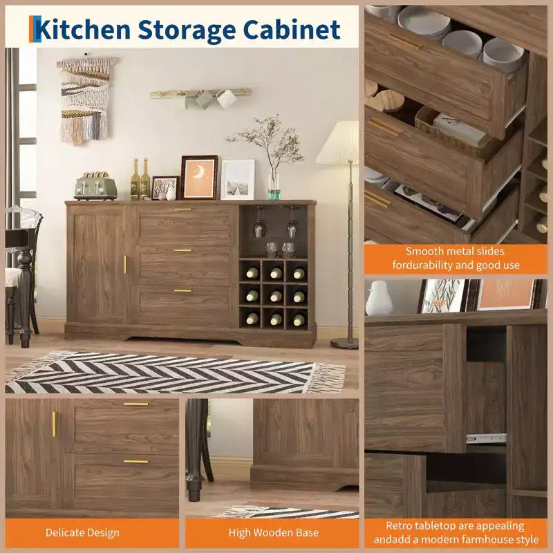 63" Sideboard Buffet Cabinet with 3 Drawers & Wine Rack, Coffee Bar Cabinet, Accent Credenza for Living Room