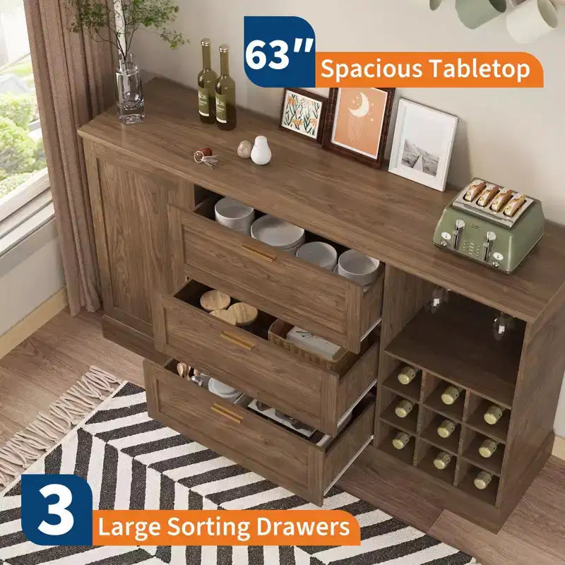 63" Sideboard Buffet Cabinet with 3 Drawers & Wine Rack, Coffee Bar Cabinet, Accent Credenza for Living Room