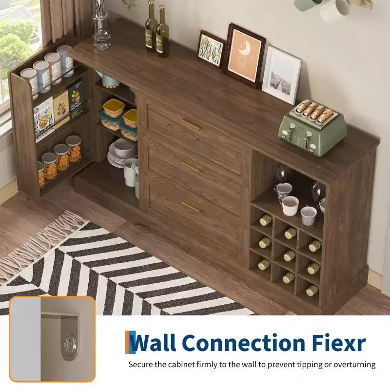 63" Sideboard Buffet Cabinet with 3 Drawers & Wine Rack, Coffee Bar Cabinet, Accent Credenza for Living Room