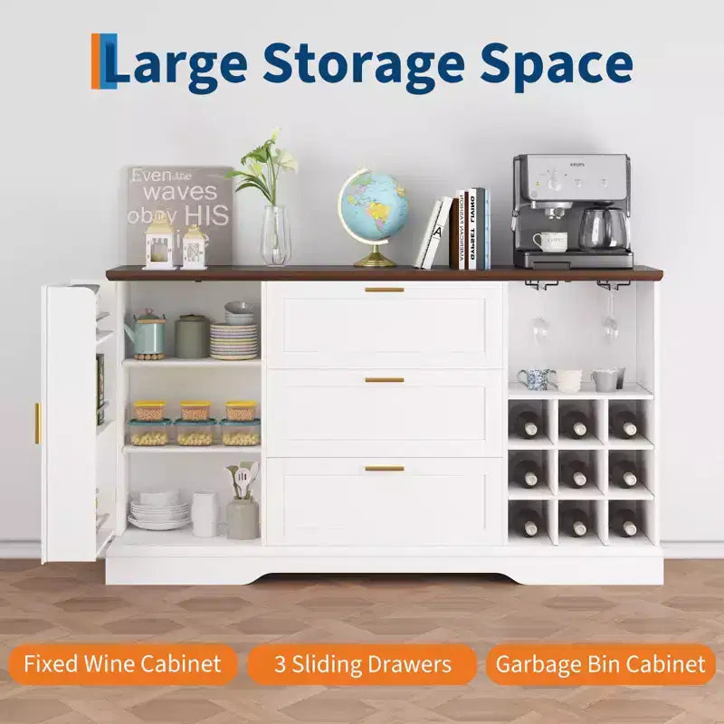 63" Sideboard Buffet Cabinet with 3 Drawers & Wine Rack, Coffee Bar Cabinet, Accent Credenza for Living Room