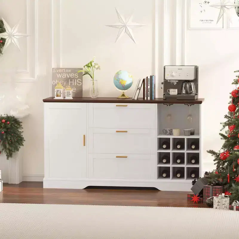 63" Sideboard Buffet Cabinet with 3 Drawers & Wine Rack, Coffee Bar Cabinet, Accent Credenza for Living Room