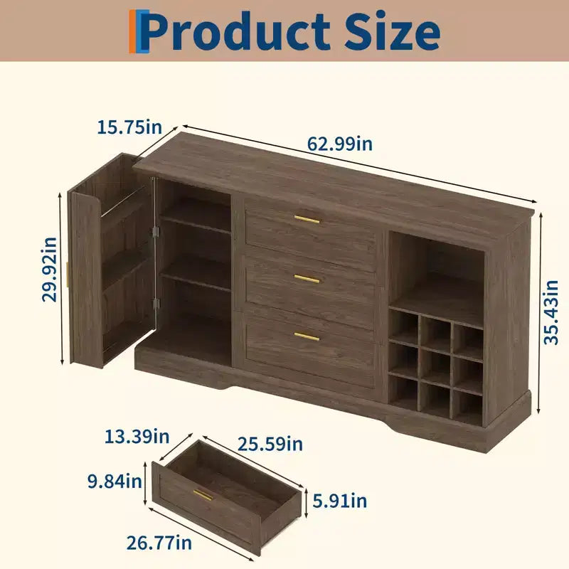 63" Sideboard Buffet Cabinet with 3 Drawers & Wine Rack, Coffee Bar Cabinet, Accent Credenza for Living Room