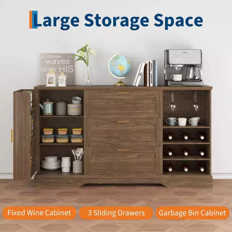 63" Sideboard Buffet Cabinet with 3 Drawers & Wine Rack, Coffee Bar Cabinet, Accent Credenza for Living Room