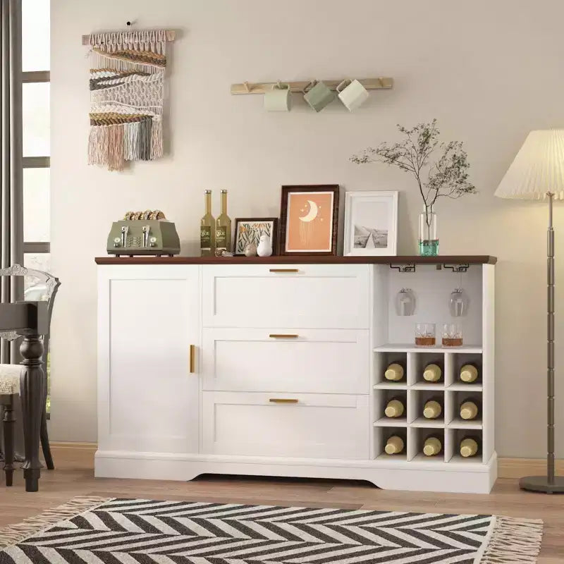 63" Sideboard Buffet Cabinet with 3 Drawers & Wine Rack, Coffee Bar Cabinet, Accent Credenza for Living Room