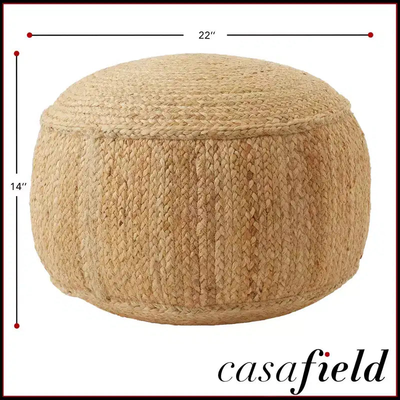 Braided Jute Pouf, 22W x 22D x 14H Woven Jute Ottoman Footrest, Decorative Indoor Boho Home Accent