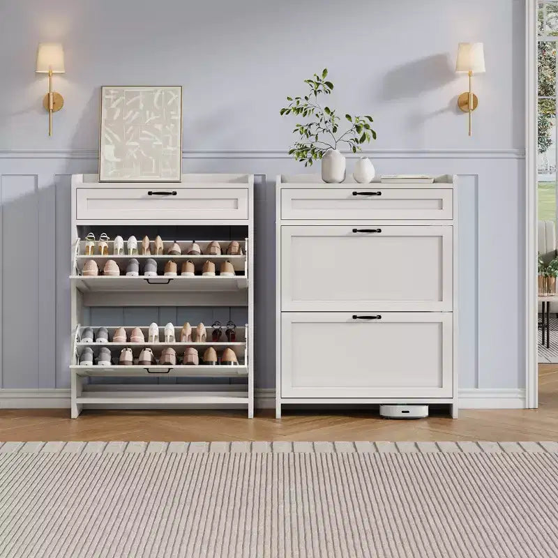 Shoe Cabinet with Flip Drawers & Top Drawer, Wood Hidden Storage, Freestanding Narrow Organizer for Hallway, Living Room