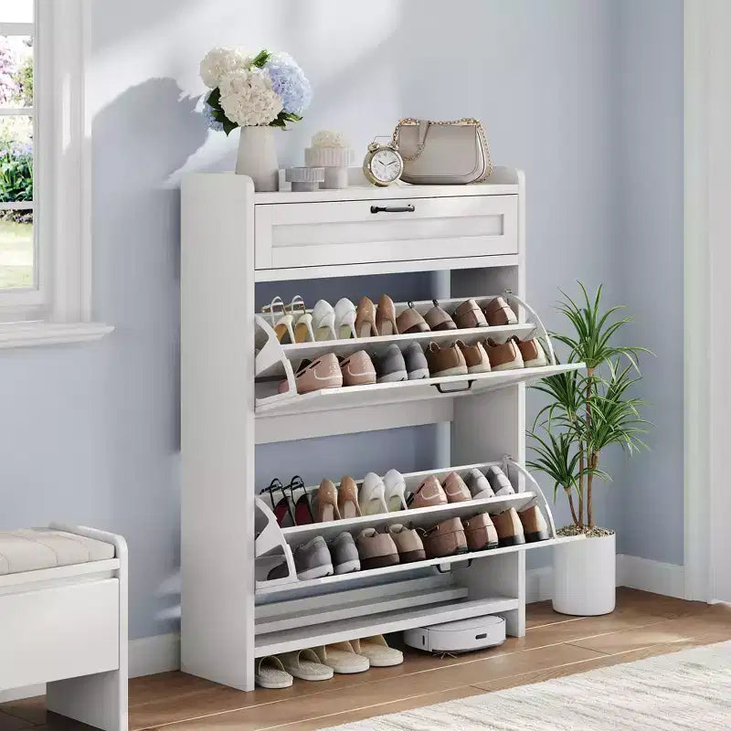 Shoe Cabinet with Flip Drawers & Top Drawer, Wood Hidden Storage, Freestanding Narrow Organizer for Hallway, Living Room