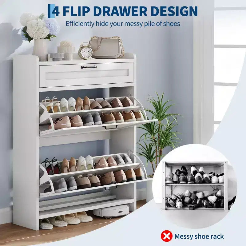 Shoe Cabinet with Flip Drawers & Top Drawer, Wood Hidden Storage, Freestanding Narrow Organizer for Hallway, Living Room