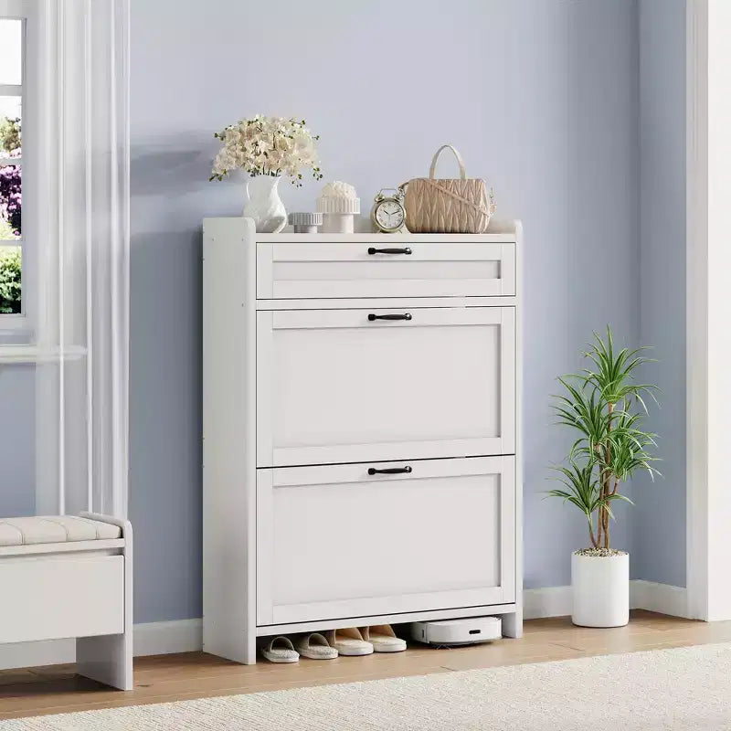 Shoe Cabinet with Flip Drawers & Top Drawer, Wood Hidden Storage, Freestanding Narrow Organizer for Hallway, Living Room