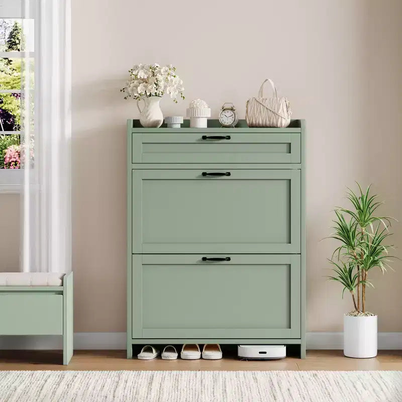 Shoe Cabinet with Flip Drawers & Top Drawer, Wood Hidden Storage, Freestanding Narrow Organizer for Hallway, Living Room