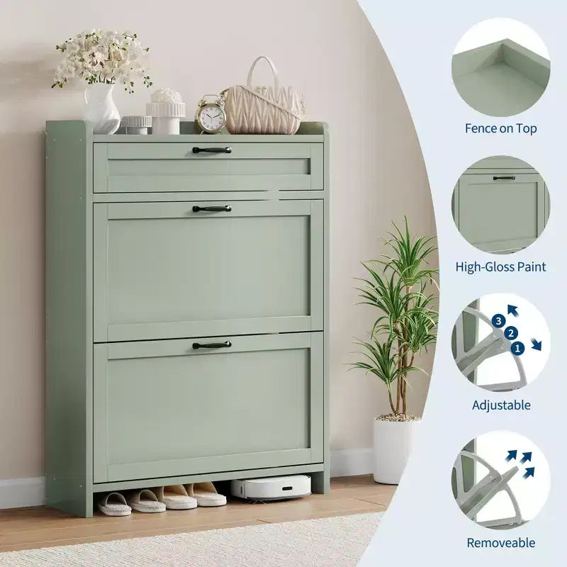 Shoe Cabinet with Flip Drawers & Top Drawer, Wood Hidden Storage, Freestanding Narrow Organizer for Hallway, Living Room