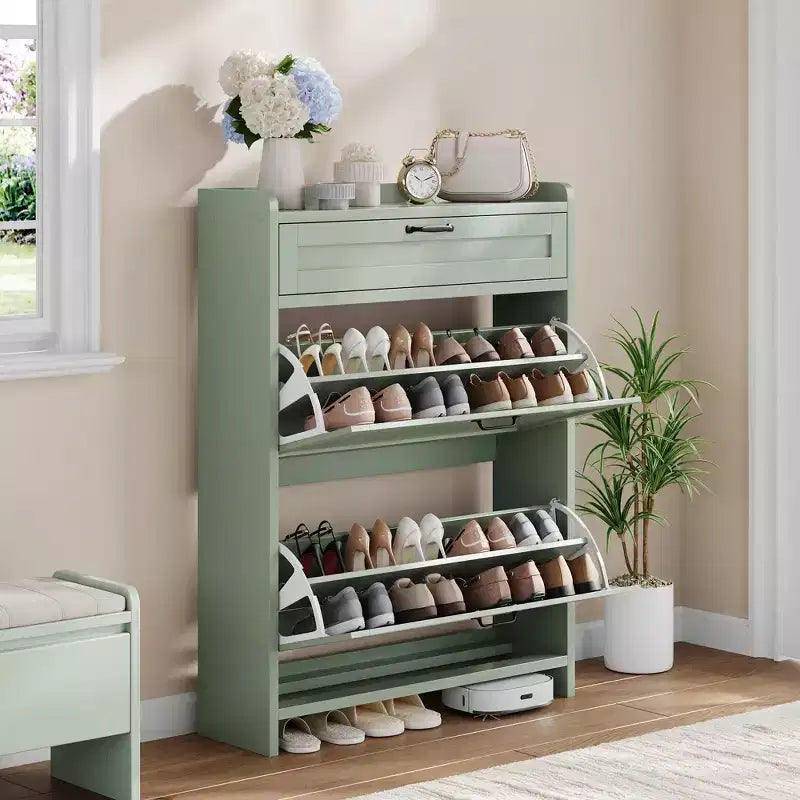 Shoe Cabinet with Flip Drawers & Top Drawer, Wood Hidden Storage, Freestanding Narrow Organizer for Hallway, Living Room