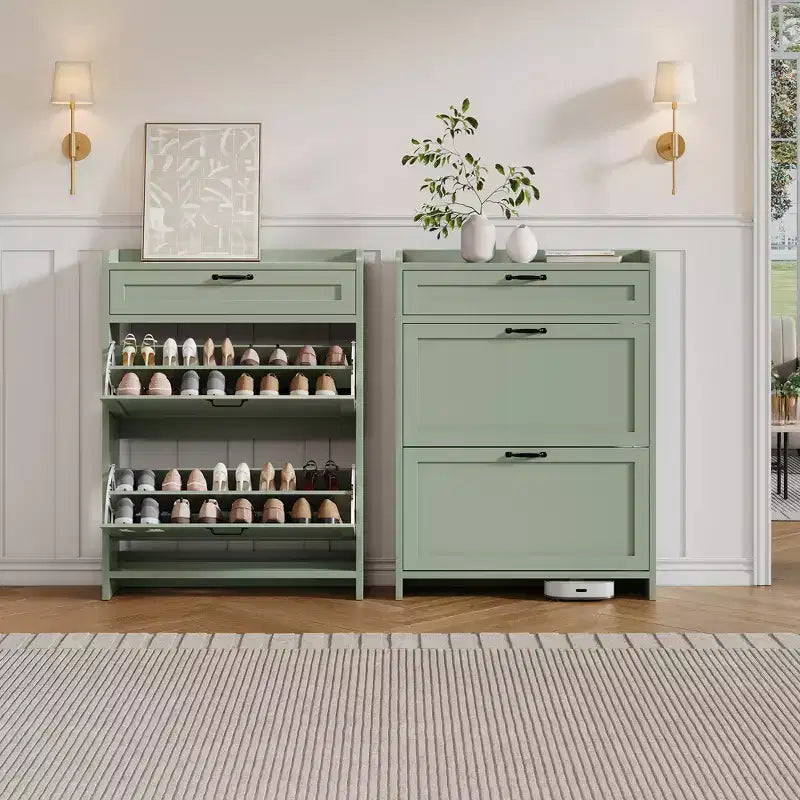 Shoe Cabinet with Flip Drawers & Top Drawer, Wood Hidden Storage, Freestanding Narrow Organizer for Hallway, Living Room