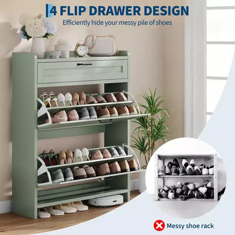 Shoe Cabinet with Flip Drawers & Top Drawer, Wood Hidden Storage, Freestanding Narrow Organizer for Hallway, Living Room