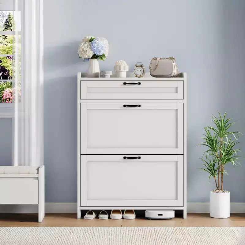Shoe Cabinet with Flip Drawers & Top Drawer, Wood Hidden Storage, Freestanding Narrow Organizer for Hallway, Living Room