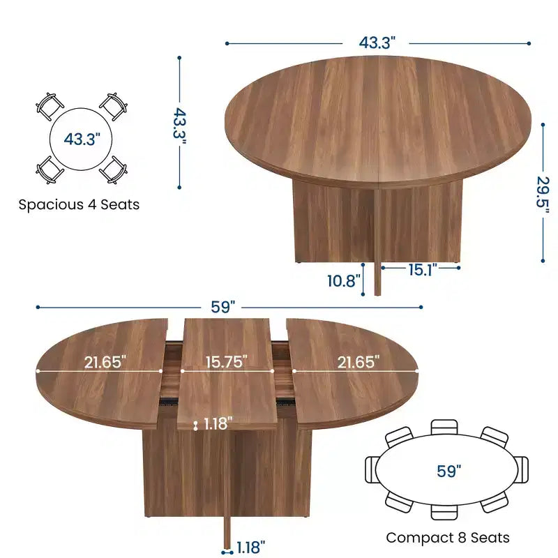 Extendable Round Dining Table for 4-8, Wooden Kitchen Table with Expandable Leaf, Oval, Walnut