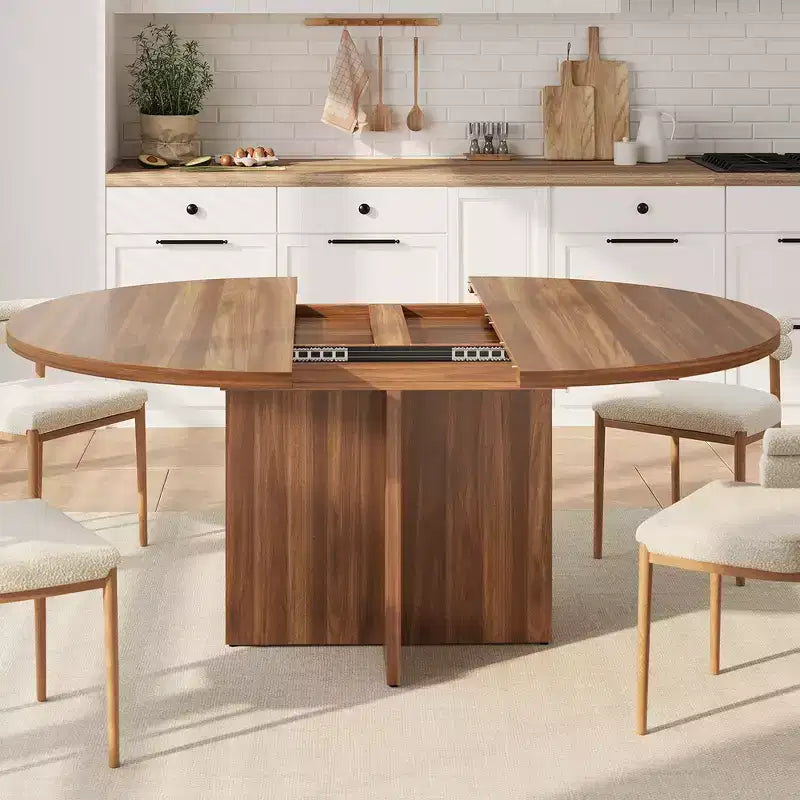 Extendable Round Dining Table for 4-8, Wooden Kitchen Table with Expandable Leaf, Oval, Walnut