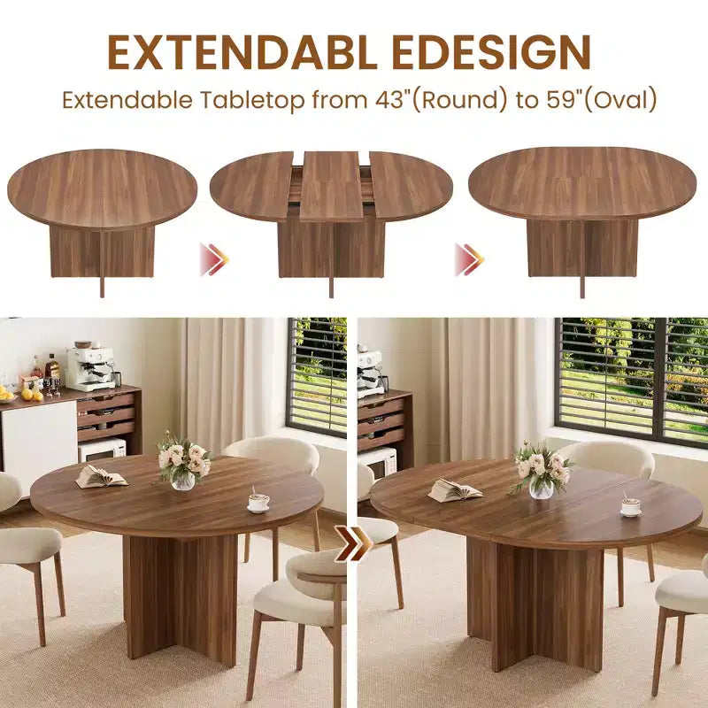 Extendable Round Dining Table for 4-8, Wooden Kitchen Table with Expandable Leaf, Oval, Walnut