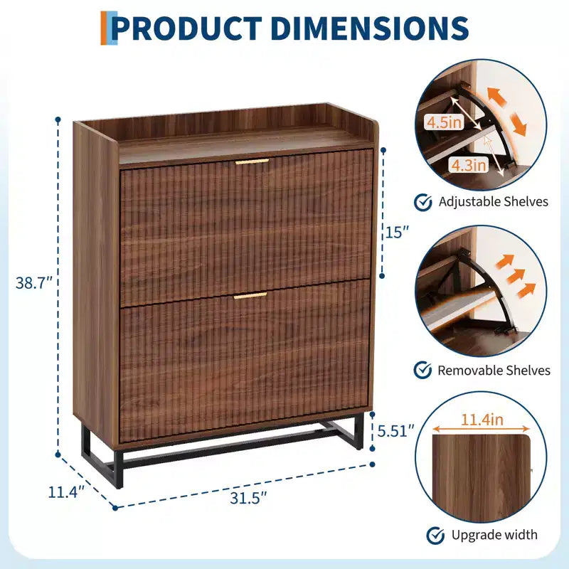 Narrow Shoe Storage Cabinet with 2 Flip Drawers, Wooden Hidden Shoe Rack Organizer for Entryway Hallway, Walnut