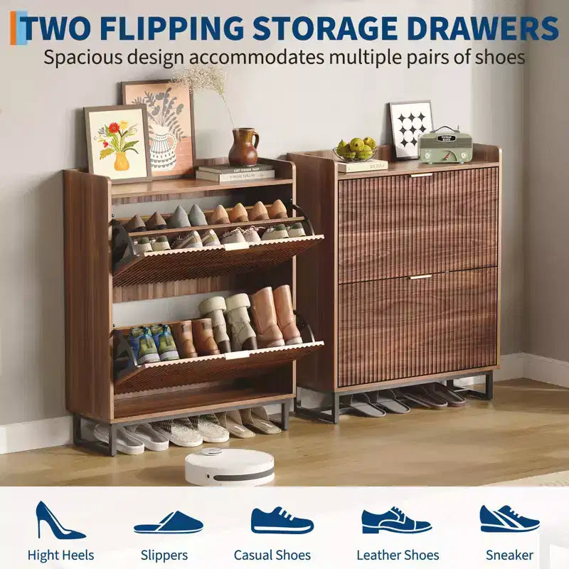 Narrow Shoe Storage Cabinet with 2 Flip Drawers, Wooden Hidden Shoe Rack Organizer for Entryway Hallway, Walnut
