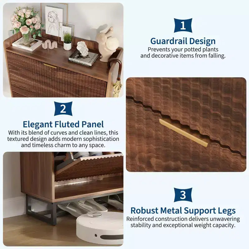 Narrow Shoe Storage Cabinet with 2 Flip Drawers, Wooden Hidden Shoe Rack Organizer for Entryway Hallway, Walnut