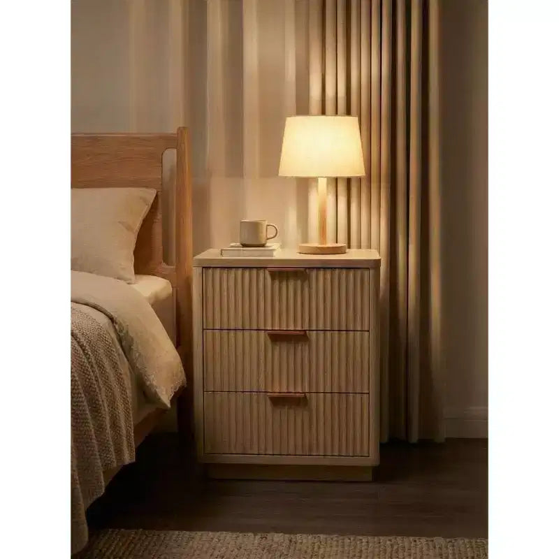 Nightstand with 3 Drawers, Light Wood Bedside Table with Charging Station.